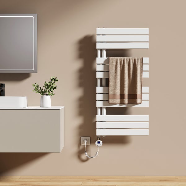 EMKE Elektrischer Handtuchheizkörper 104x50 cm, Design-Paneelheizkörper mit Thermostat & Timer, 600 W, vertikaler Flachheizkörper, Weiß, seitlich offen, für Badezimmer
