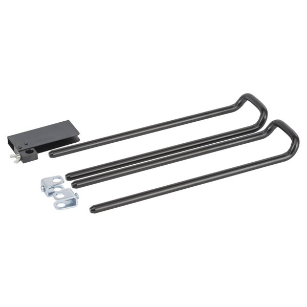 Zwei lange schwarze U-förmige Metallstäbe, eine schwarze Halterung mit Flügelschraube und zwei silberne Montageklammern.