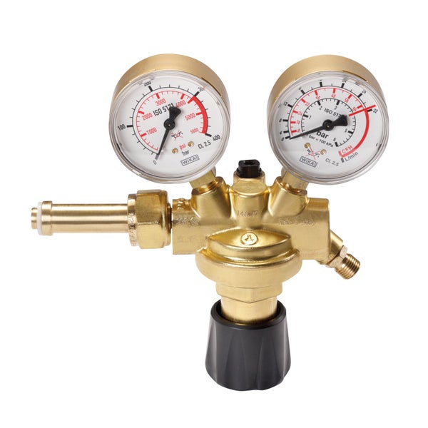 CFH Druckminderer aus Messing mit zwei Manometern und schwarzem Einstellknopf.