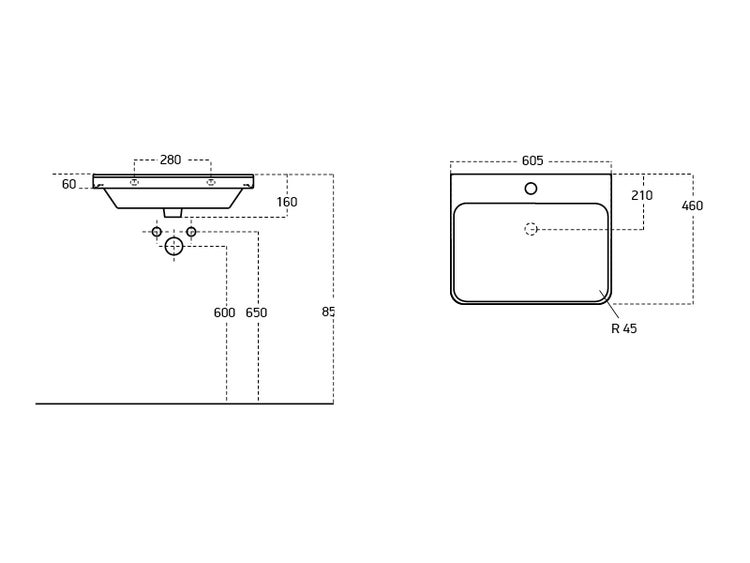 Technische Zeichnung eines Waschbeckens mit Maßangaben