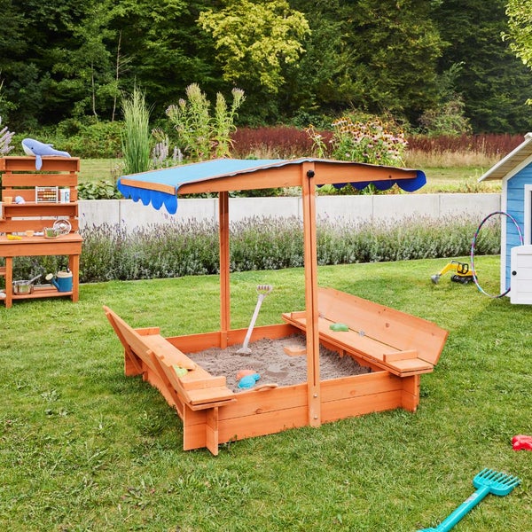 Home Deluxe - Sandkasten BUDDELKISTE - Mit verstellbarem Dach und Bodenplane - Maße: 110 x 110 x 110 cm - inkl. komplettem Montagematerial I Sandspielkasten Holzsandkasten Sandspielzeug