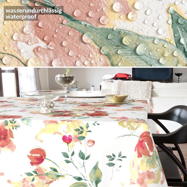 Wasserabweisende Tischdecke mit Blumenmuster in einem Wohnzimmer und Detailaufnahme von Wassertropfen auf der Oberfläche.
