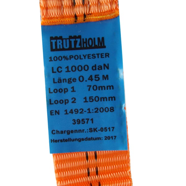 Trutzholm Hebeband mit Informationsetikett aus Polyester mit einer Zugkraft von 1000 Dekanewton und einer Länge von 0,45 Meter.