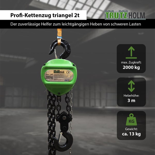 Trutzholm Kettenzug mit einer maximalen Zugkraft von 2000 Kilogramm und einer Hubhöhe von 3 Metern.
