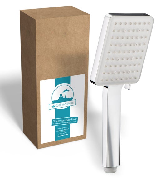 Rechteckige Handbrause in Chrom-Optik mit weißer Strahlscheibe und Kartonverpackung von Calmwaters.