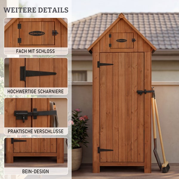 Garten-Geräteschrank aus Holz mit Detailansichten zu Fach, Scharnieren, Riegelverschluss und Standfüßen.