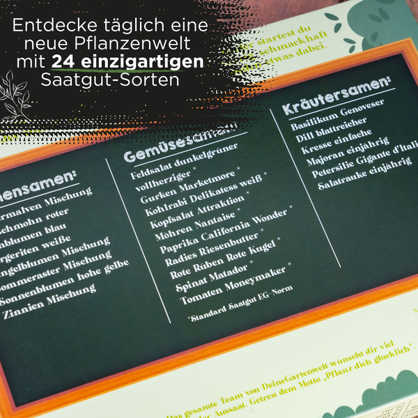 Übersicht der 24 enthaltenen Saatgut-Sorten für Blumen, Gemüse und Kräuter.