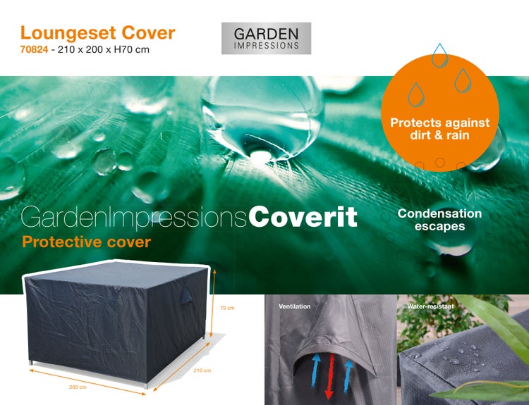 Garden Impressions Coverit Schutzhülle für Loungesets, Maße 210 mal 200 mal 70 Zentimeter, wasserabweisend und atmungsaktiv.