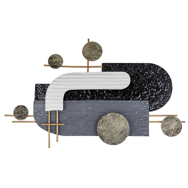 Dekorative Wandkunst mit geometrischen Formen und goldenen Akzenten.