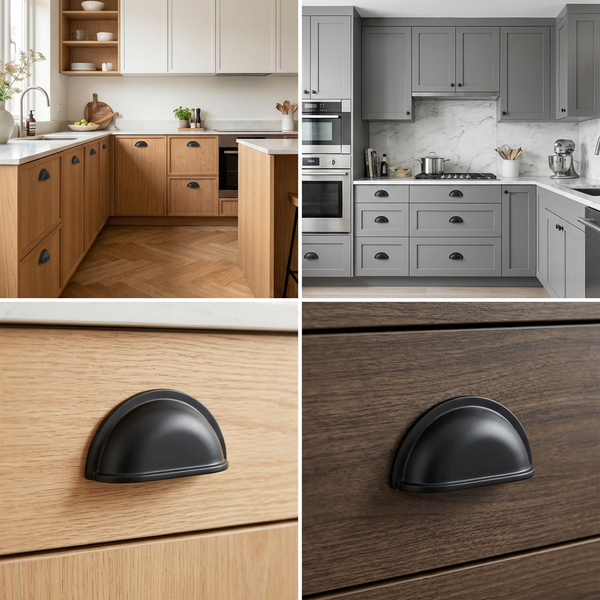 Collage verschiedener Küchen mit halbrunden Griffen an Schränken und Schubladen