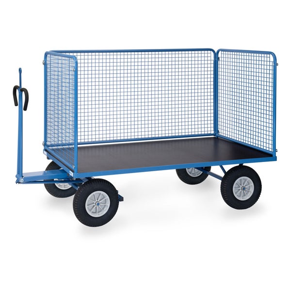 Handwagen mit Gitterwänden aus blauem Metall, schwarzer Ladefläche und vier luftbereiften Rädern.