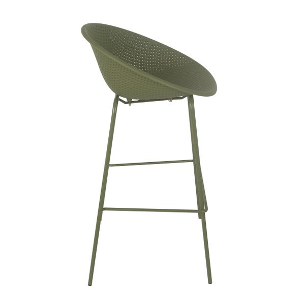 Barhocker mit perforierter Sitzschale und vier Metallbeinen in Olivgrün.