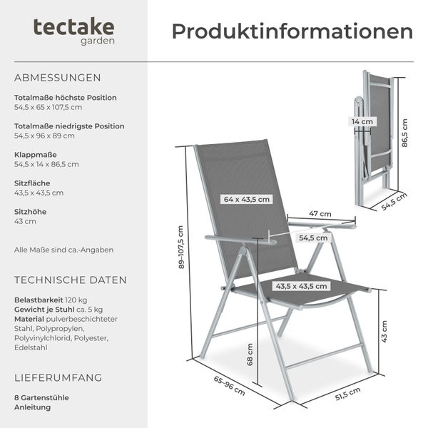 tectake Gartenstuhl Produktinformationen: Abmessungen in Zentimetern, Material, Belastbarkeit bis 120 Kilogramm und Gewicht circa 5 Kilogramm.