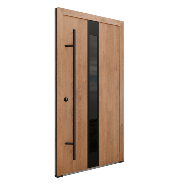 Moderne Haustür aus Holz mit Glaseinsatz und Griffstange