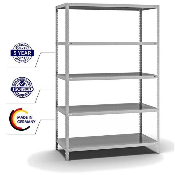 PROREGAL Fachbodenregal Schraubsystem Light-Duty Grundregal HxBxT 200 x 130 x 60 cm 5 Ebenen Fachlast 125 kg Beidseitig Nutzbar Verzinkt