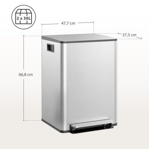 Treteimer aus Edelstahl mit zwei 30 Liter Behältern. Maße: Breite 47,7 Zentimeter, Höhe 66,8 Zentimeter, Tiefe 37,5 Zentimeter.