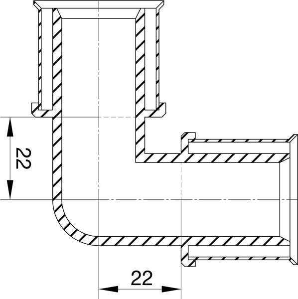 Technische Zeichnung eines 90 Grad Winkelfittings für Rohre mit der Maßangabe 22.