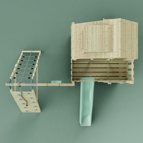 Spielturm mit Rutsche, Kletterwand und Kletternetz