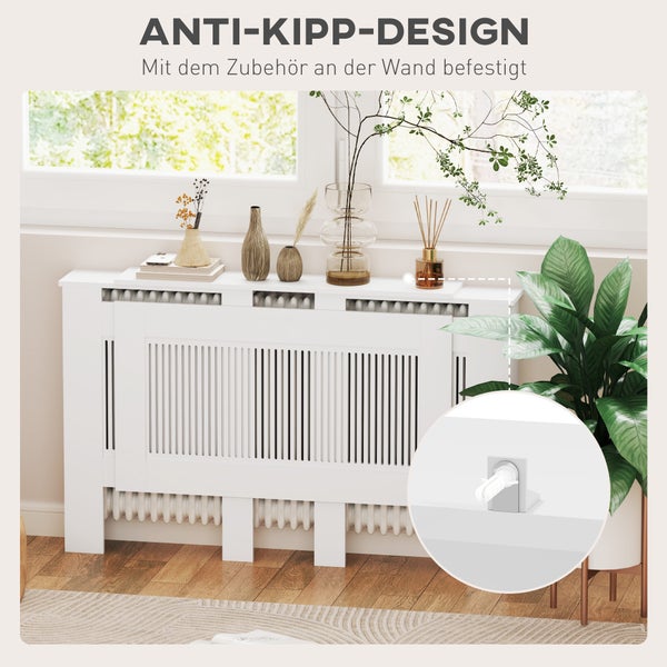 Weißer Heizkörperverkleidung mit Kippschutz zur Wandbefestigung.