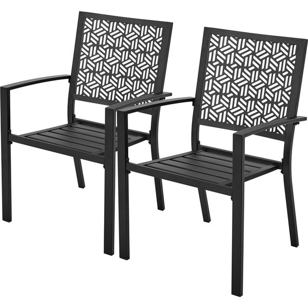 Zwei schwarze Gartenstühle mit Armlehnen und geometrischem Rückendesign.