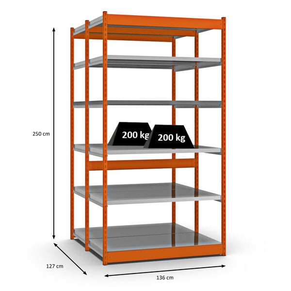 PROREGAL Fachbodenregal Stecksystem Vierkant-Profil Grundregal HxBxT 250 x 132,5 x 60 cm 2x6 Ebenen Doppelseitige Bauart Fachlast 200 kg Orange