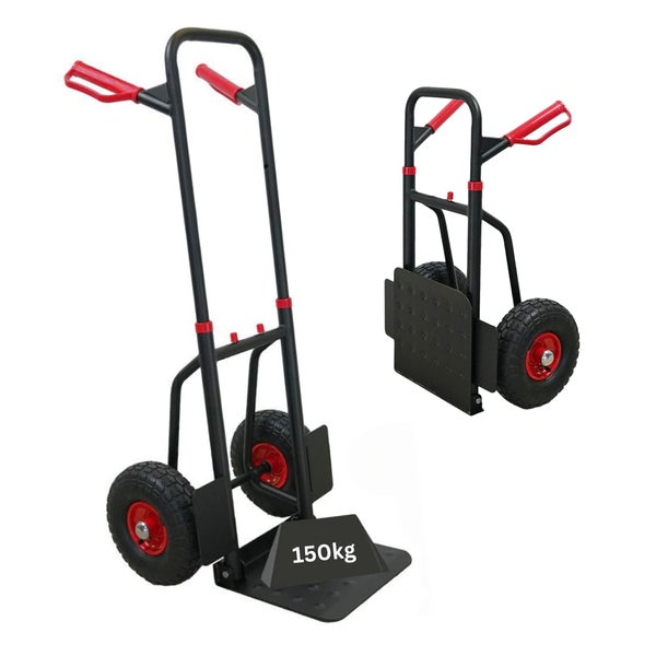 PROREGAL Profi-Sackkarre TAURUS 150 klappbar & ausziehbar 110x50x57cm Belastbarkeit 150kg Stahl Luftbereifung mit Haltegriffe & Radschutz Rot-Schwarz