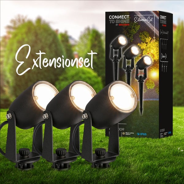 Connect to Shine von Briloner LED-Gartenstrahler Erweiterungsset, 3er Set, warmweiß, IP65, Schwarz, Gartenbeleuchtung.