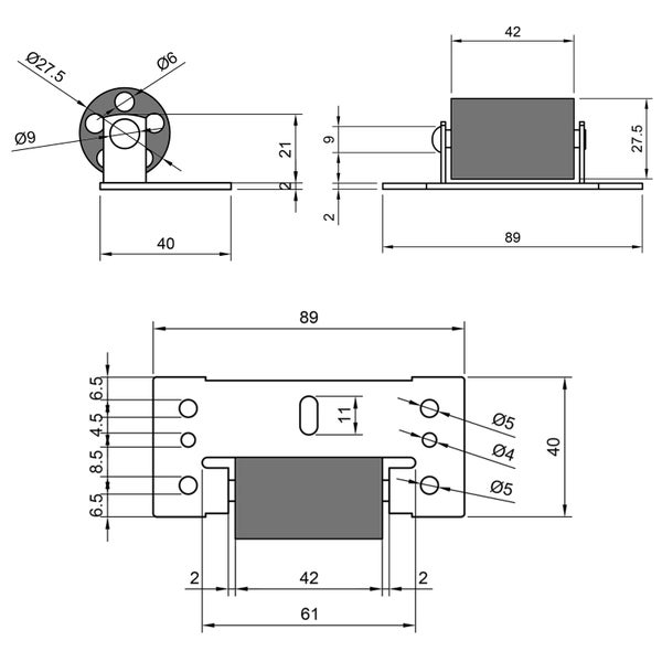 Technische Zeichnung eines Türpuffers mit Maßangaben