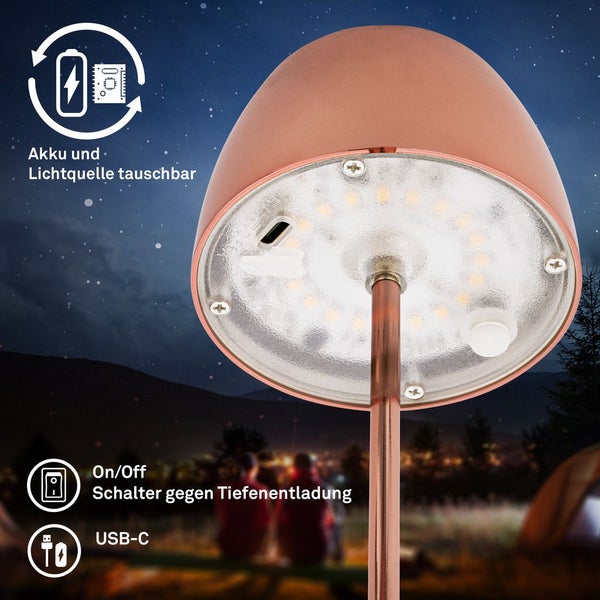 Briloner Serina Mini LED Tischlampe kabellos IP44, Dimmbar, Touch, Spritzwasserschutz, akku, kupfer, Ø8 x 20 cm