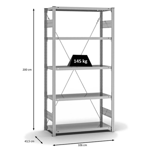 PROREGAL Fachbodenregal Stecksystem T-Profil Light-Duty Grundregal HxBxT 200 x 100 x 40 cm 5 Ebenen Fachlast 145 kg Einseitig Nutzbar Verzinkt