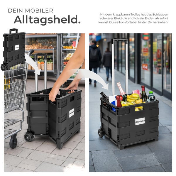 Tectake Einkaufstrolley mit Teleskopgriff und Rollen im zusammengeklappten und ausgeklappten Zustand