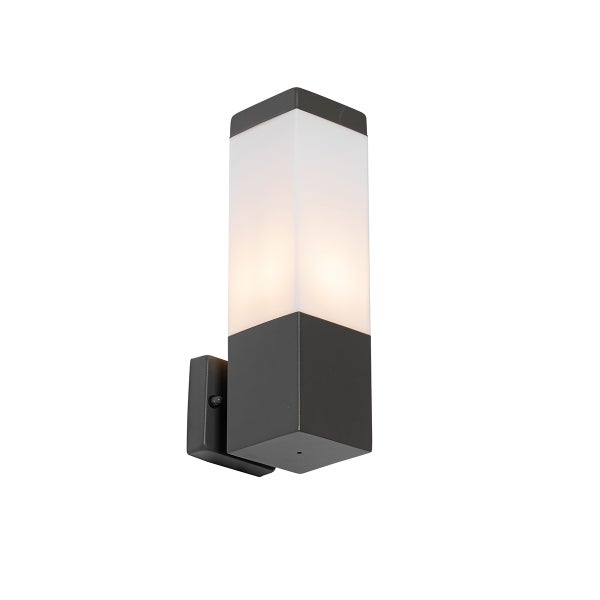 Rechteckige Außenwandleuchte aus Metall und Kunststoff in Anthrazit und Weiß, mit Bewegungsmelder, beleuchtet.