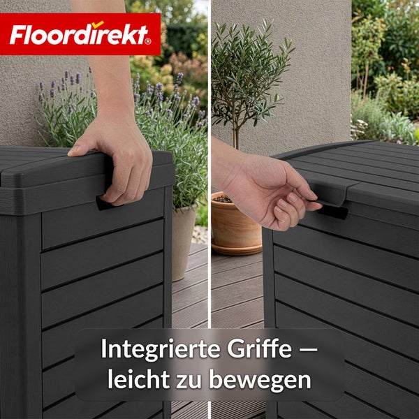 Nahaufnahme einer schwarzen Gartenbox mit integrierten Griffen und dem Floor Direkt Logo.