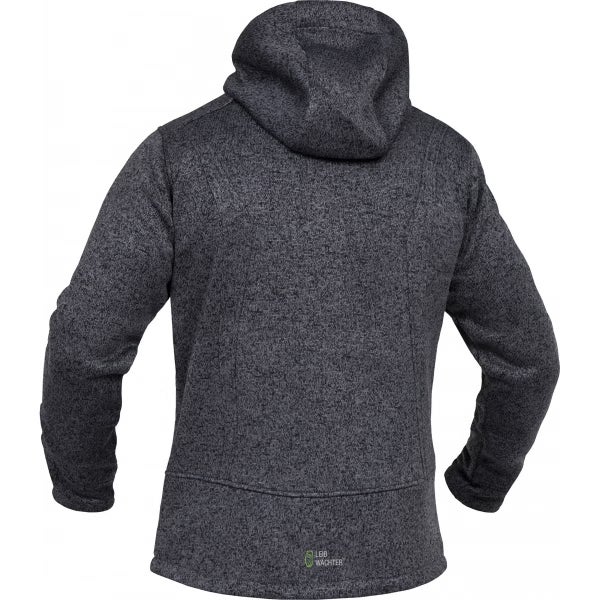 Rückansicht einer Strickfleecejacke mit Kapuze von Leib Wächter mit Leib Wächter Logo.