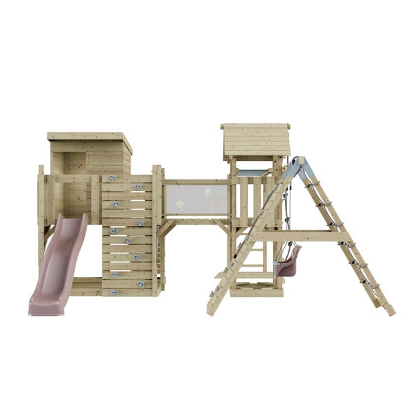 Spielturm aus Holz mit Rutsche, Kletterwand, Schaukel und Tafel