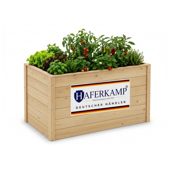 Rechteckiges Hochbeet aus Holz, bepflanzt mit Gemüse und Kräutern, mit Haferkamp Logo auf der Vorderseite.