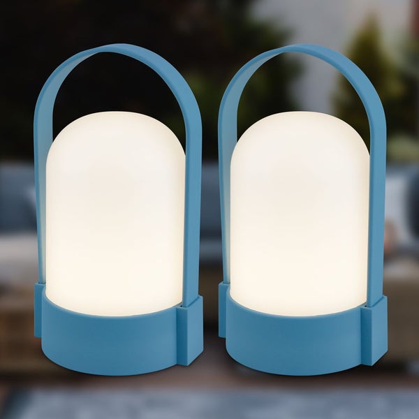 Zwei blaue LED-Tischleuchten mit Griff