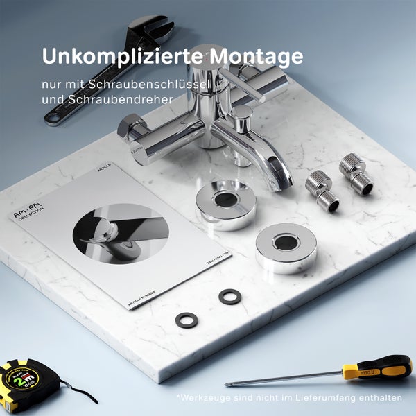 Aufbau einer Armatur mit Schraubenschlüssel, Schraubendreher und Montageanleitung