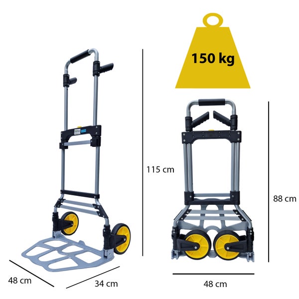 Klappbare Sackkarre mit einer Tragkraft von 150 Kilogramm in ausgeklapptem und eingeklapptem Zustand mit Maßangaben.