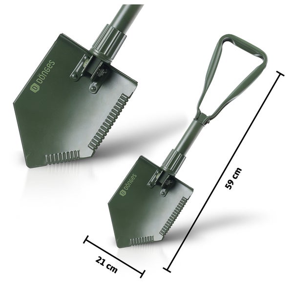 Klappspaten von Dönges mit einer Gesamtlänge von 59 Zentimeter und einer Blattbreite von 21 Zentimeter, eine Seite des Blattes ist gezahnt.