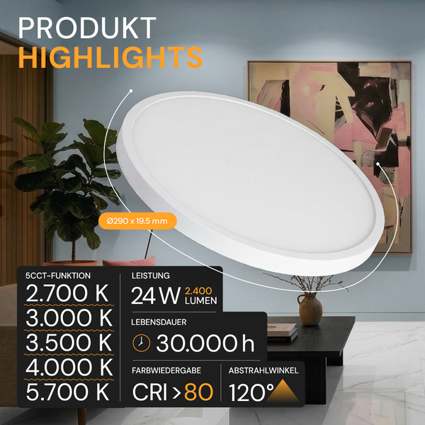 Runde LED-Deckenleuchte, Durchmesser 290 Millimeter, 24 Watt, 2.400 Lumen, Farbtemperatur 2.700 bis 5.700 Kelvin, Lebensdauer 30.000 Stunden, 120 Grad.