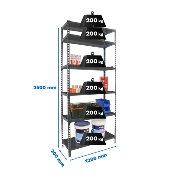 PROREGAL Schwerlastregal Giant Metal Shark HxBxT 250 x 120 x 30 cm Fachlast 200 kg Anthrazit-Anthrazit