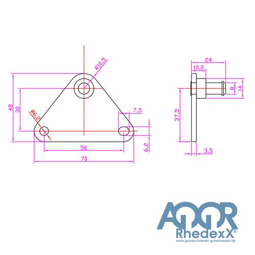 Technische Zeichnung eines dreieckigen Montagewinkels mit Maßangaben in Millimeter. AQOR Rhedexx Logo.