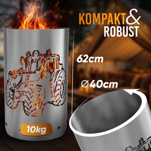 Feuerstelle aus Stahl mit Traktor Motiv, 62 cm hoch und 40 cm Durchmesser, Gewicht 10 kg