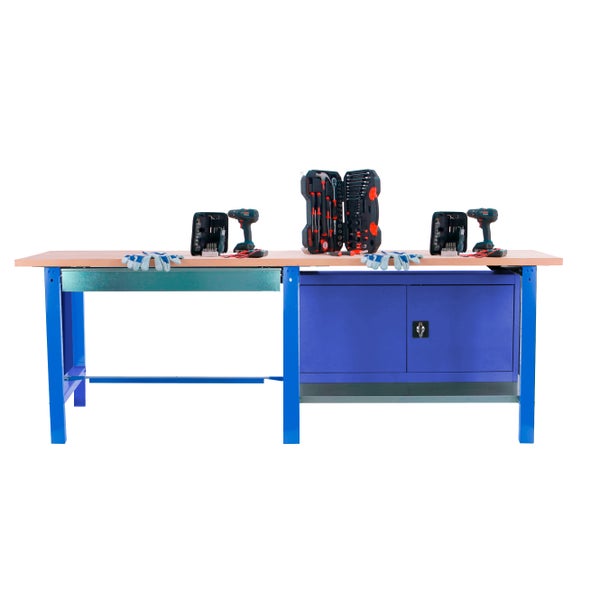 Werkbank BUFFALO WOOD mit 1x Schublade + Schrank| HxBxT 86,5x210x75cm | Traglast 1000kg | Blau