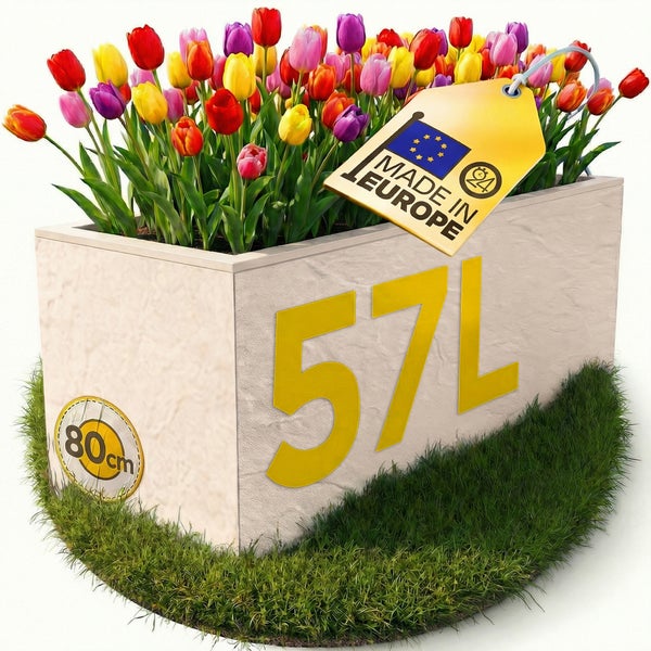 Rechteckiger Pflanzkasten mit bunten Tulpen auf einer Grasfläche, Fassungsvermögen 57 Liter, Länge 80 Zentimeter, Hergestellt in Europa.