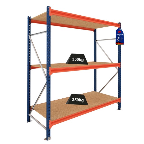 Schwerlastregal mit 3 Holzböden, blau-orange, Tragkraft 350 Kilogramm pro Boden. Hergestellt in der Europäischen Union.