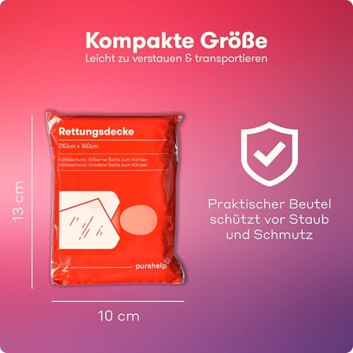 PURAHELP Rettungsdecke Gold Silber für Notfälle (5 Stück) - 210 x 160 cm - Wetterfeste Notfalldecke für Erste Hilfe und Outdoor - Kompakte Rettungsdecken für Auto, Wandern & Camping