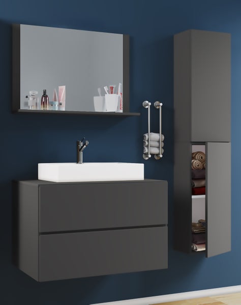 Zeichnung eines Badezimmersets mit Waschtisch, Spiegel und Hochschrank mit Maßangaben