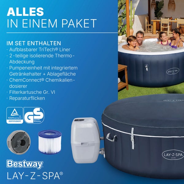 Bestway Lay-Z-Spa Miami aufblasbarer Whirlpool im Set mit Pumpe, Filterkartusche, Thermoabdeckung und Reparaturflicken